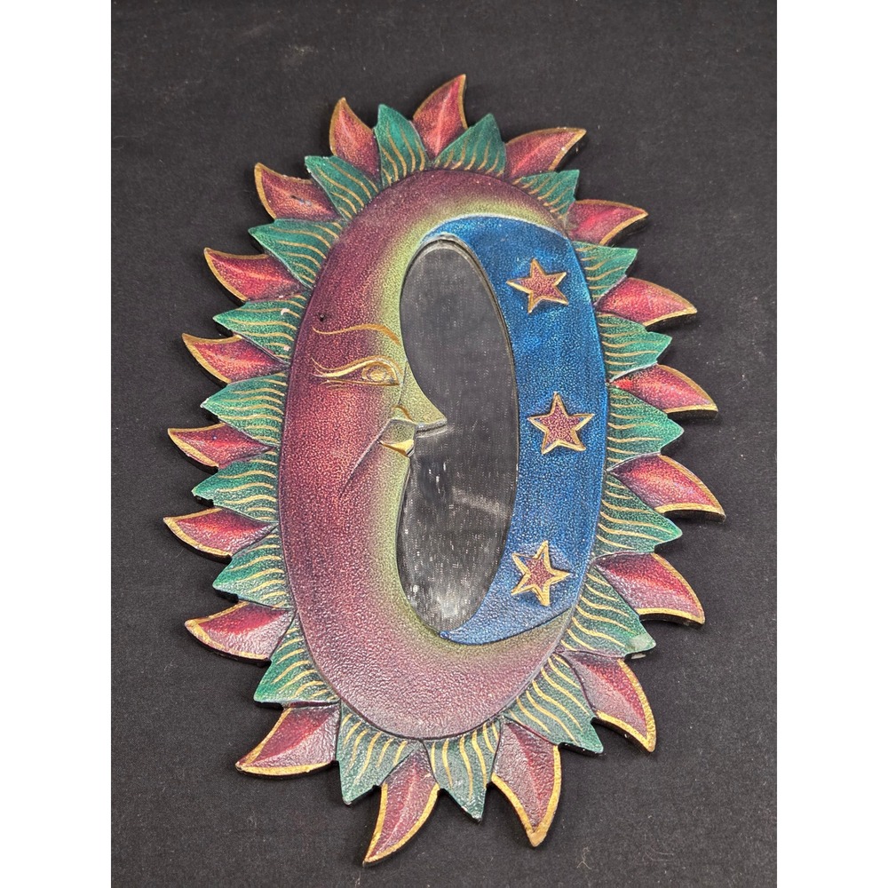 Vintage Celestial Sun Moon Wall Mirror Hand Painted Wood Boho Decor Indonesia